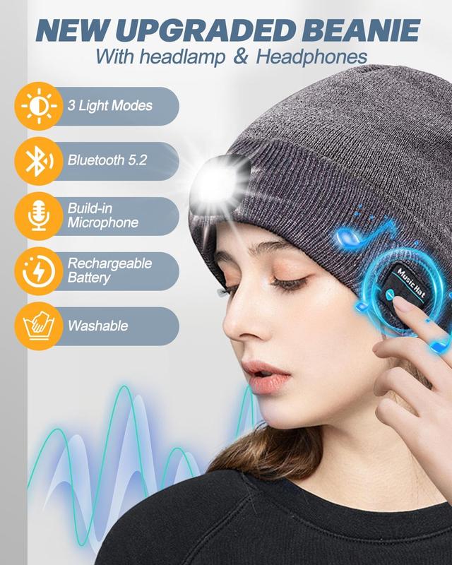 Bluetooth Beanie with LED Headlight and Removable Speakers, USB Rechargeable Knit warm winter Hat balaclava Hat for Music and Calling, sport,outdoor,Unisex Christmas Birthday Gift