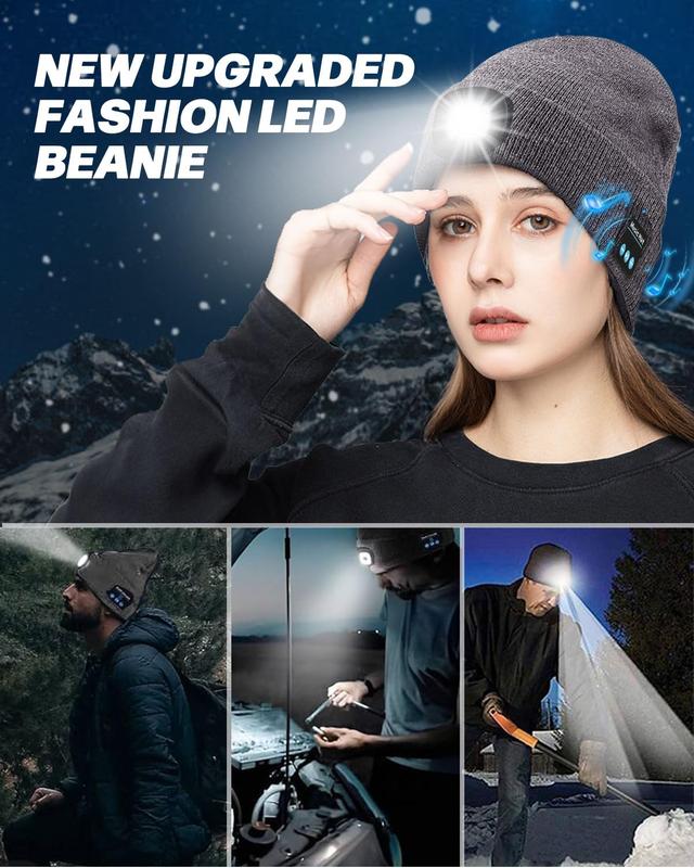 Bluetooth Beanie with LED Headlight and Removable Speakers, USB Rechargeable Knit warm winter Hat balaclava Hat for Music and Calling, sport,outdoor,Unisex Christmas Birthday Gift