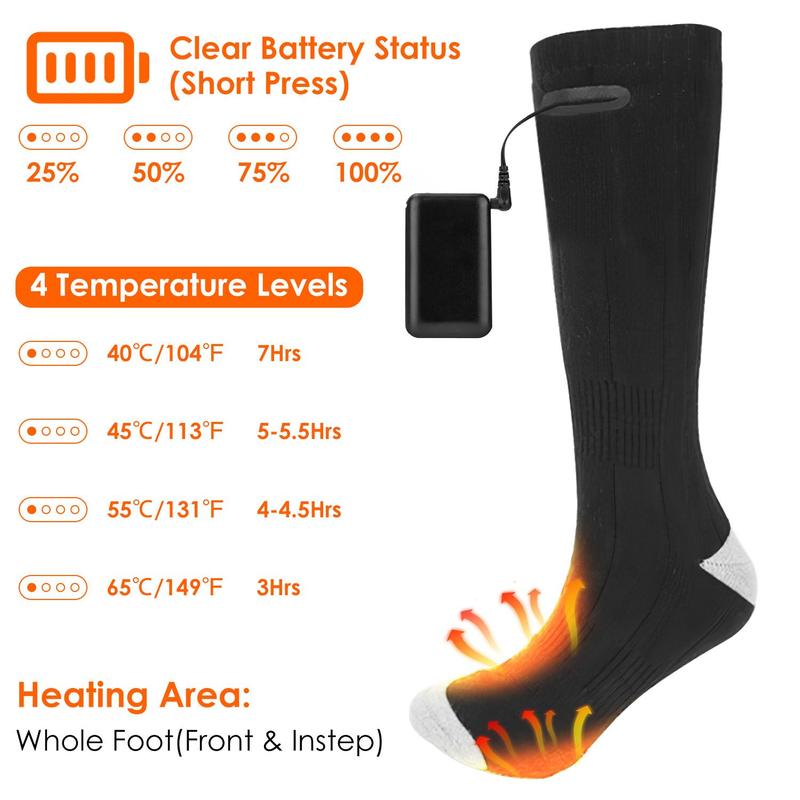 Electric Heated Socks for Men Women Battery Powered Heated Socks Rechargeable Feet Warmer with 4 Temperature Levels Indoor Outdoor Machine Washable