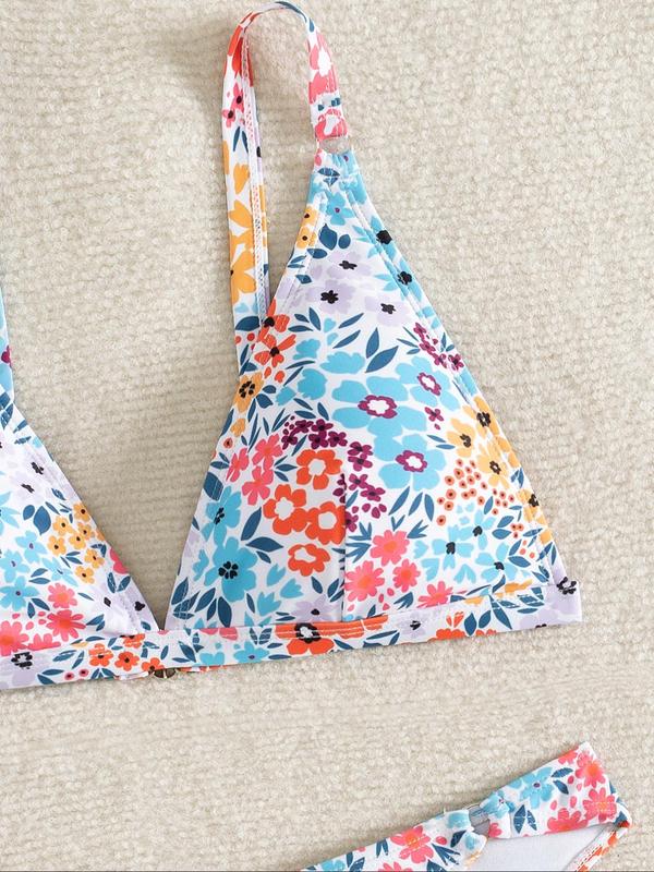 Two-piece Set Women's Floral Print Bikini Set, Casual Fashion Chic Triangle Swim Bra & High Cut Swim Bottom Swimsuit Set, Ladies Summer Swimwear for Beach Holiday Vacation