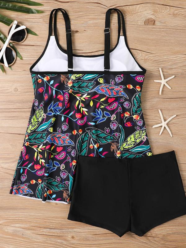 Plus Size Plants Print Tankini Set, Casual Boho Sleeveless Swim Tank Top & Swim Bottom Two-piece Swimsuit for Beach Holiday Vacation, Women's Swimwear for All Seasons