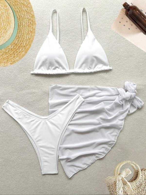 Three-Piece Set Women's Solid Bikini Set, Tie Back Triangle Swim Bra & High Cut Swim Bottom & Self-Tie Mesh Cover Up Set, Ladies Summer Swimsuit for Beach Holiday Vacation