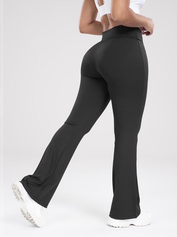 Women's Solid High Waist Flare Leg Sports Leggings, Breathable Comfortable Overlap Waist Yoga Leggings, Ladies Sportswear for Indoor Outdoor Wear