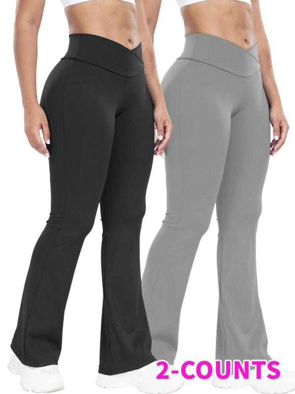 Women's Solid High Waist Flare Leg Sports Leggings, Breathable Comfortable Overlap Waist Yoga Leggings, Ladies Sportswear for Indoor Outdoor Wear