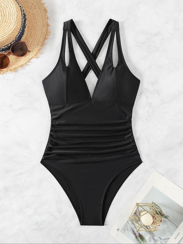 Women's Plain Criss Cross Backless Halter One-piece Swimsuit, Boho Cut Out Ruched Tie Back Swimwear for Summer, Women's Swimsuit for Beach Holiday Vacation