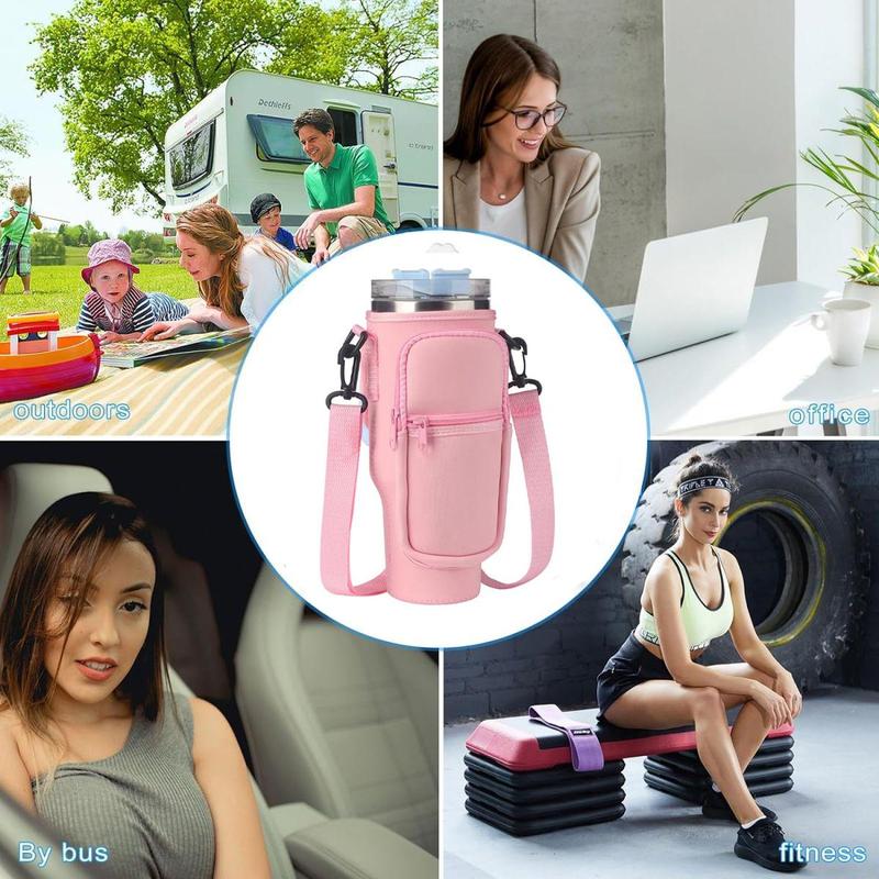 Water Bottle Carrier Bag for Hiking Camping, Tumbler Cups Holder with Adjustable Shoulder Strap, Outdoor Water Bottle Carrier with Phone & Car Pouch