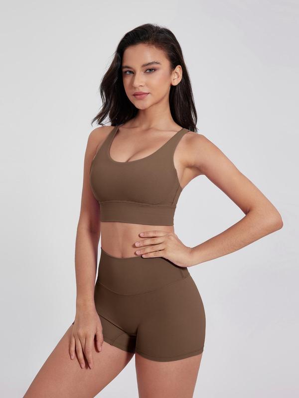 Two-Piece Set Women's Solid Scoop Neck Crop Tank Top & High Waist Shorts Tracksuit Set, Sporty Breathable Comfortable Two-piece Outfits for Yoga Gym Workout Running, Ladies Sportswear for All Seasons