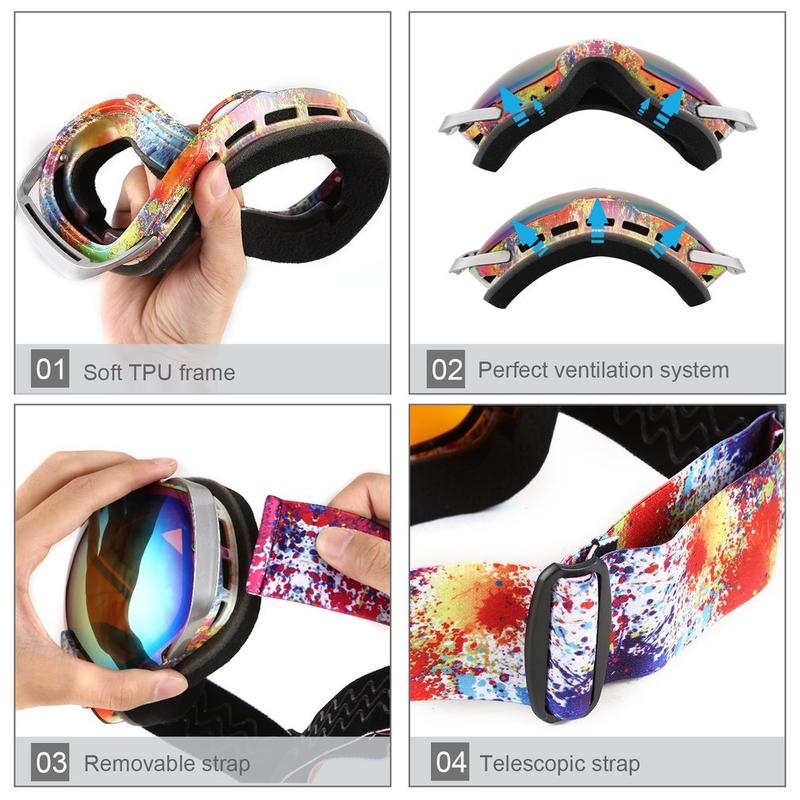 Ski Snowboard Snowmobile Goggles with Magnet Fast Lens Changing UV400 Protection Anti-fog Spherical Frameless Goggles