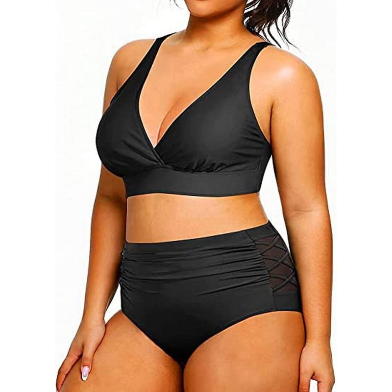 Yonique Women's Two Piece Plus Size Bikini Set, V Neck Top & Full Coverage High Waisted Bikini Bottom, Tummy Control Swimwear for Beach Swimming Holiday Vacation