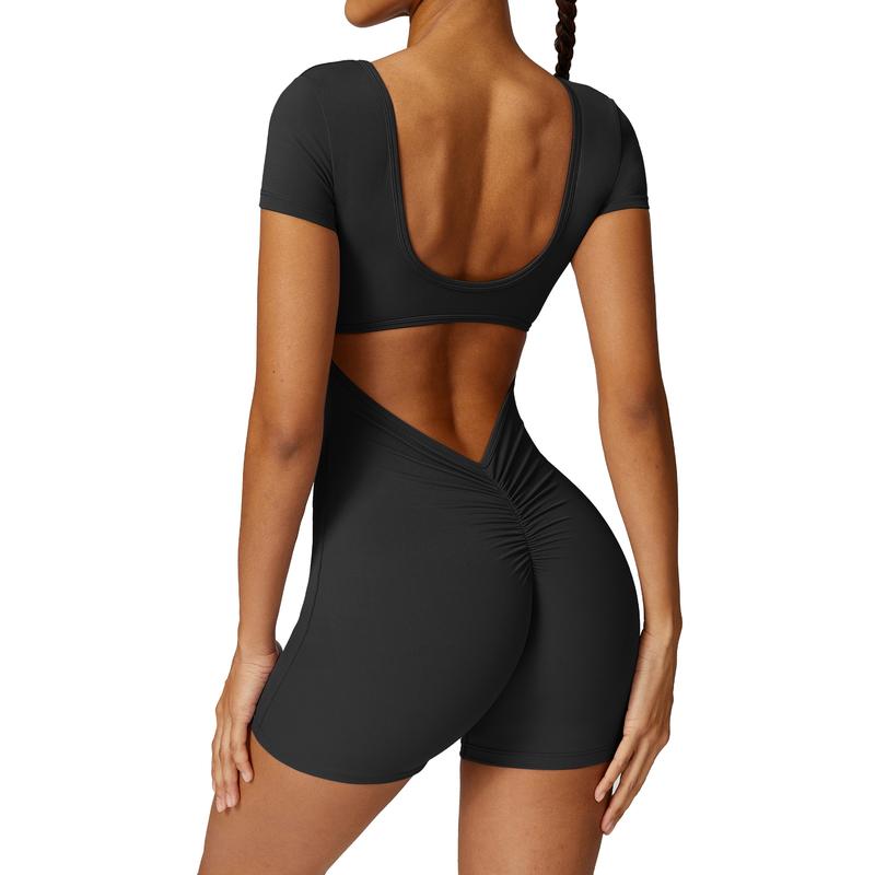 OEAK Short Sleeve Jumpsuit Workout for Women Sexy V Back Scrunch Tummy Control Square Neck Bodycon Scrunch Butt Yoga Romper