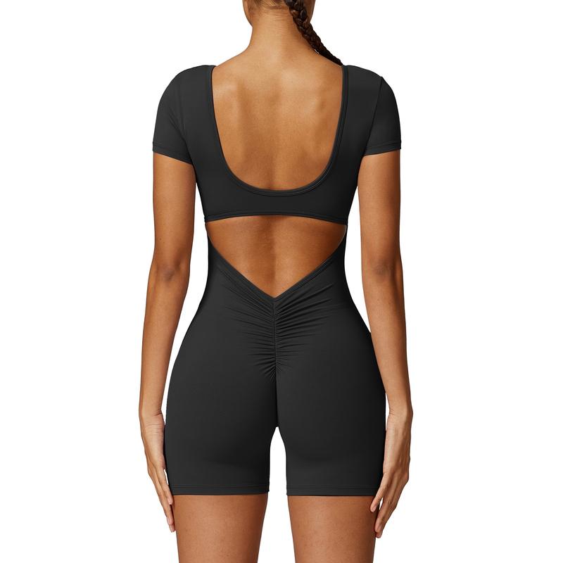 OEAK Short Sleeve Jumpsuit Workout for Women Sexy V Back Scrunch Tummy Control Square Neck Bodycon Scrunch Butt Yoga Romper