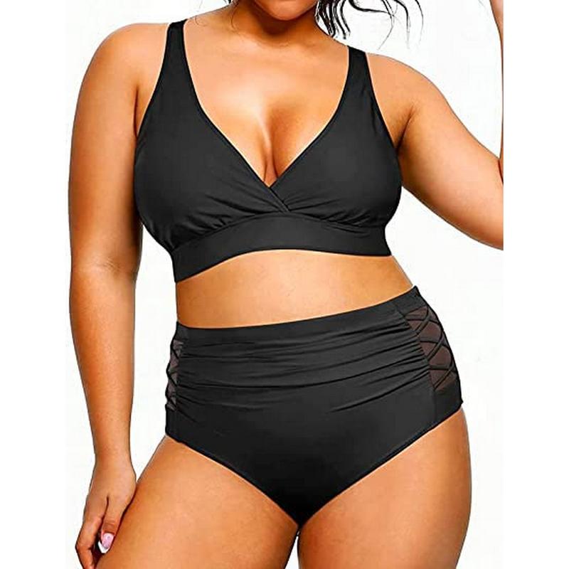 Yonique Women's Two Piece Plus Size Bikini Set, V Neck Top & Full Coverage High Waisted Bikini Bottom, Tummy Control Swimwear for Beach Swimming Holiday Vacation