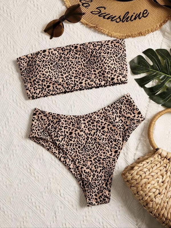 Women's Leopard Print Bikini Set, Bandeau Swim Top & High Cut Swim Bottom, Back To School Summer Swimsuit Sets, Bathing Suits 2024 for Women