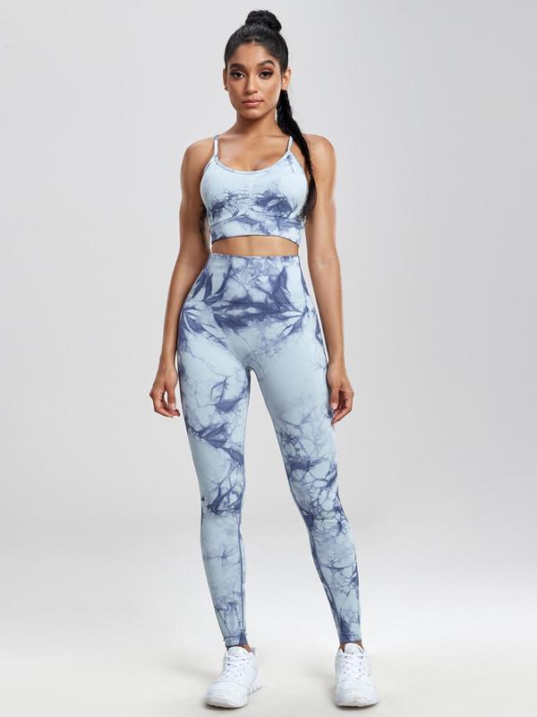 Two-Piece Set Three-Piece Set Women's Tie Dye Print Crop Cami Top & High Waist Leggings Tracksuit Set, Sleeveless Spaghetti Strap Crop Top & High Stretch Yoga Leggings, Ladies Sportswear for Indoor Outdoor Wear