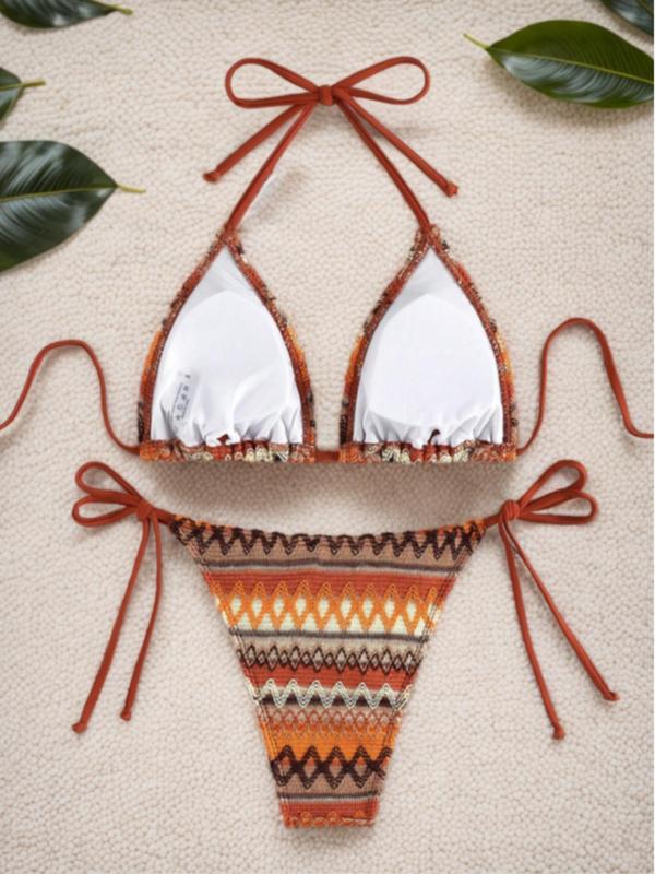 Two-Piece Set Women's Summer Chevron Print Tie Back Bikini Set, Bathing Suits 2024, Halter Neck Triangle Bra & Tie Side Panty Swimsuit Sets for Women, Summer Outfits 2024, Summer Clothes, Fashion Chic Ladies Swimwear for Summer Beach Holiday Vacation