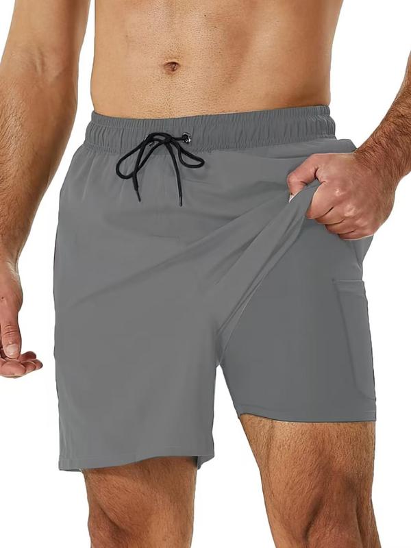 Men Swim Trunks Plain 2-IN-1 Pocket Zipper Beach Shorts, Loose Casual Grommet Eyelet Drawstring Elastic Waist Gym Shorts, Summer Swimwear for Men