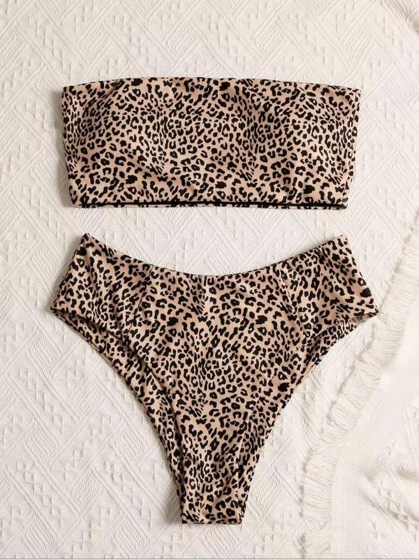 Women's Leopard Print Bikini Set, Bandeau Swim Top & High Cut Swim Bottom, Back To School Summer Swimsuit Sets, Bathing Suits 2024 for Women