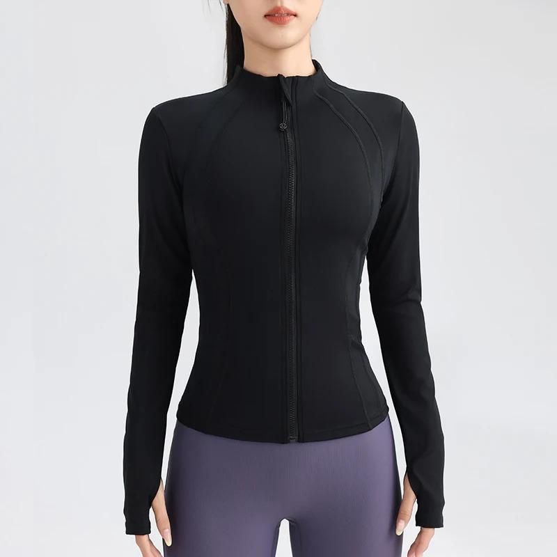 Gym Women's Full Zip Yoga Top With Thumbholes Fitness Running Jacket Stretch Fit Long Sleeve Round Neck Top Sportswear