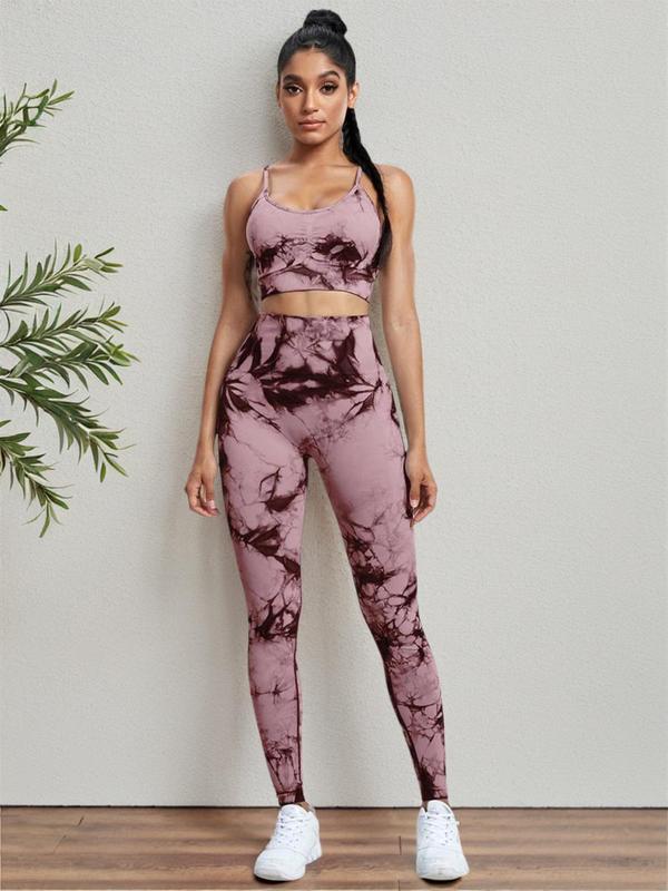 Two-Piece Set Three-Piece Set Women's Tie Dye Print Crop Cami Top & High Waist Leggings Tracksuit Set, Sleeveless Spaghetti Strap Crop Top & High Stretch Yoga Leggings, Ladies Sportswear for Indoor Outdoor Wear