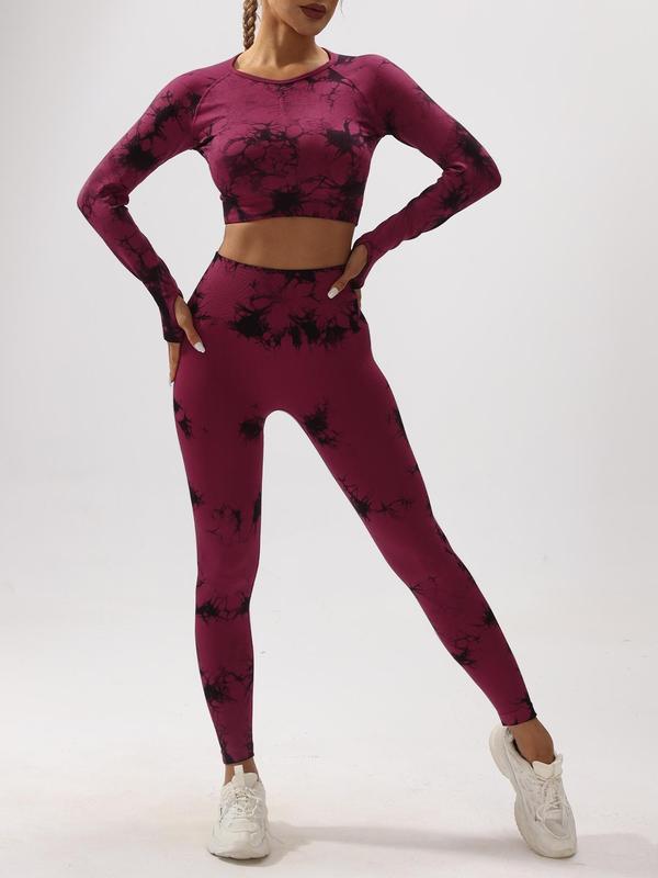 Women's Tie Dye Print Thumb Holes Crop Top & High Waist Leggings Tracksuit Set, Sweatsuits, Gym Clothes, Sporty Comfy Outfits for Yoga Gym Workout, Spring & Fall Tracksuit for Women, Women Sport & Outdoor Clothing