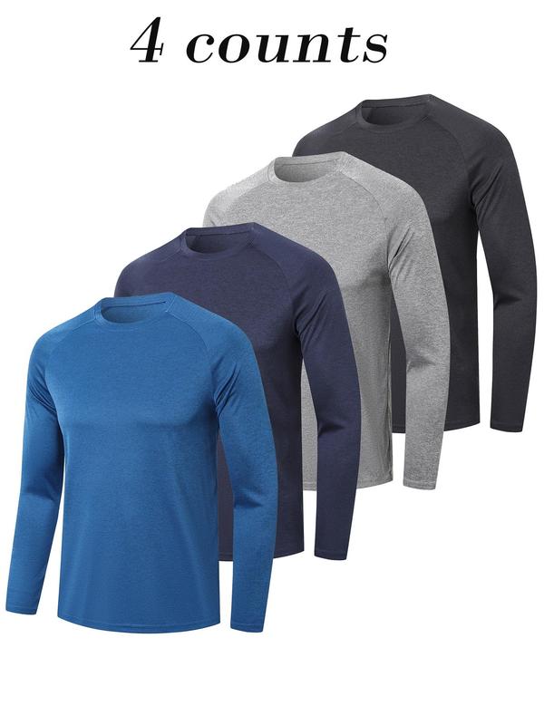 Men's Solid Long Sleeve Tee, Quick Drying Breathable Round Neck Sports T-shirt for Gym Workout Running, Workout Tops, Gym Clothes, Casual Sporty Top for All Seasons