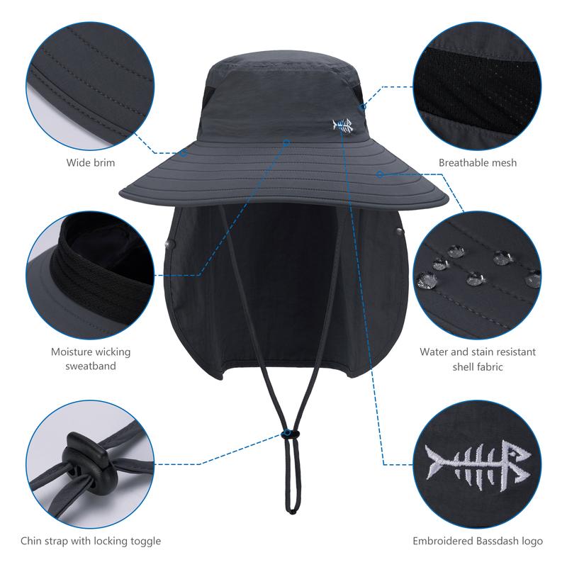 BASSDASH UPF 50+ Breathable Sun Hat with Removable Face Cover and Neck Flap Unisex Water Resistant Wide Brim Bucket Hat for Fishing Hiking Outdoor Men Women