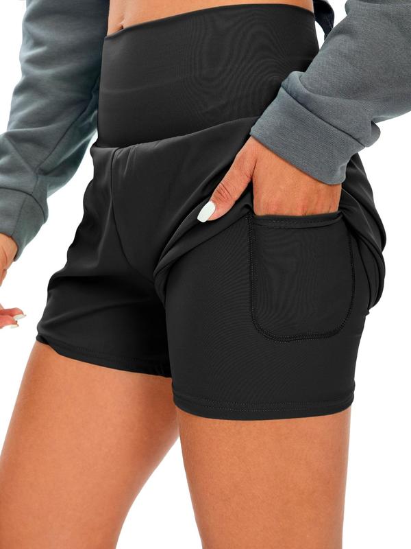 Women's Solid High Waist Sports Shorts, Sporty Pocket Design High Stretch Yoga Shorts, Ladies Sportswear for Indoor Outdoor Wear