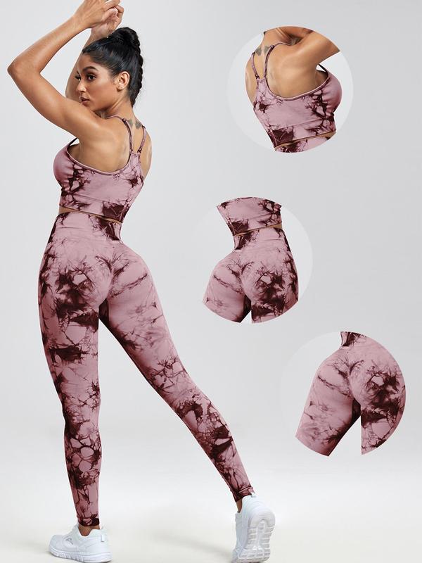 Two-Piece Set Three-Piece Set Women's Tie Dye Print Crop Cami Top & High Waist Leggings Tracksuit Set, Sleeveless Spaghetti Strap Crop Top & High Stretch Yoga Leggings, Ladies Sportswear for Indoor Outdoor Wear