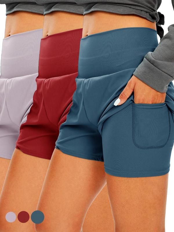 Women's Solid High Waist Sports Shorts, Sporty Pocket Design High Stretch Yoga Shorts, Ladies Sportswear for Indoor Outdoor Wear