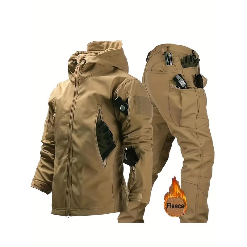 Men's Hooded Softshell Jacket And Pants Set - Fleece-lined, Multi-pocket, Outdoor Hiking And Training Suit For Fall Winter