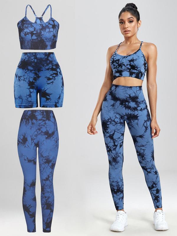 Two-Piece Set Three-Piece Set Women's Tie Dye Print Crop Cami Top & High Waist Leggings Tracksuit Set, Sleeveless Spaghetti Strap Crop Top & High Stretch Yoga Leggings, Ladies Sportswear for Indoor Outdoor Wear