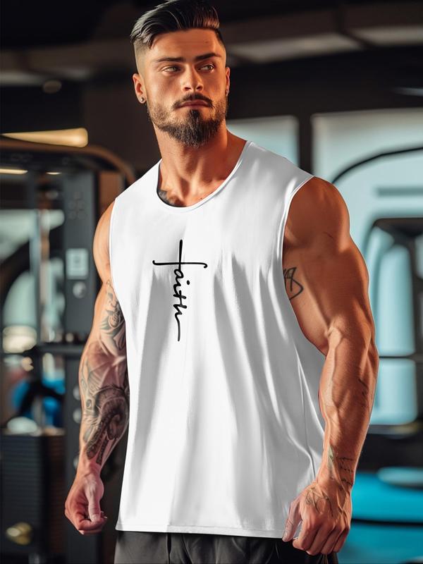 Men's Letter Print Round Neck Sports Vest, Fall Outfits, Fallfreshness Quick Drying Breathable Crew Neck Sleeveless Tank Top for Gym Workout Running, Casual Sportswear for Men