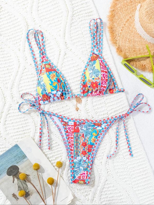 Women's Patchwork Floral Print Bikini Set, Boho Tie Back Triangle Swim Bra & Tie Side Swim Thong, Summer Back To School Two-piece Swimsuit for Beach Holiday Vacation