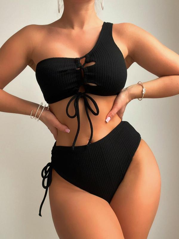 Two-Piece Set Women's Cut Out One Shoulder Bikinis Set, Solid Tie Front Asymmetrical Neck Swim Top & High Cut Tie Bottom, Bikini Sets, Back to School Outfits, Summer Swimsuit for Beach Holiday