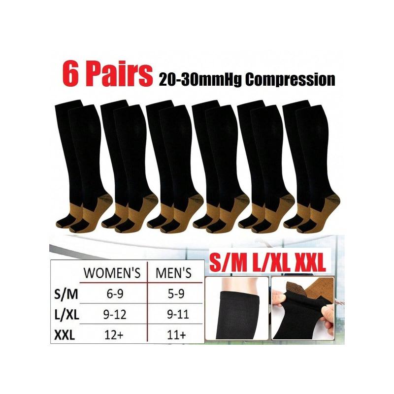 6 Pairs Copper Compression Socks Mens Womens S M L XL XXL 20-30mmHg Support Knee High Socks Stockings Unisex Energy Ankle Support Running Athletic Sports Fitness Socks