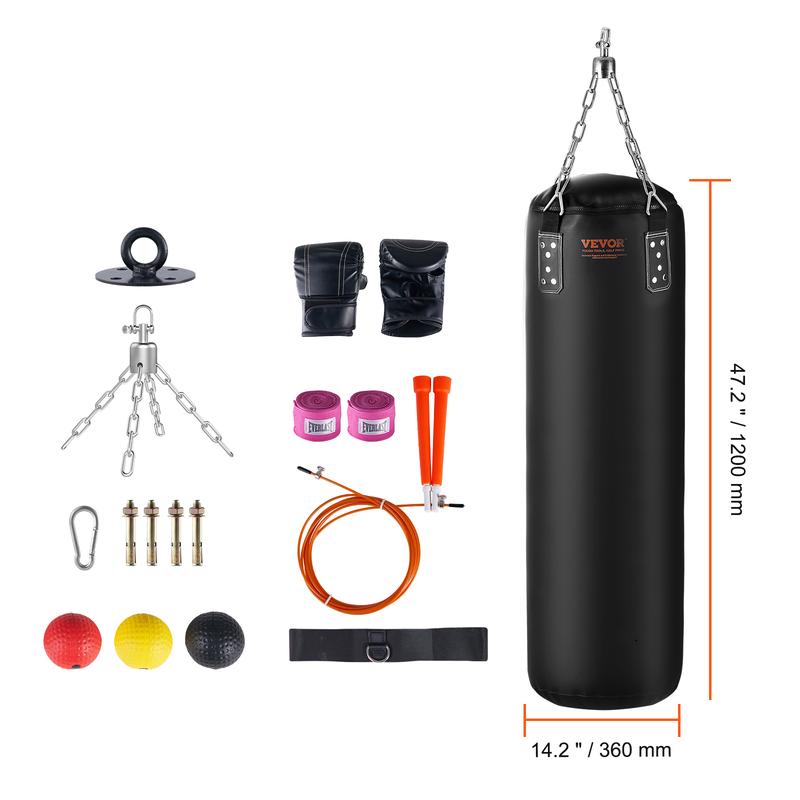 VEVOR Punching Bag for Adults, 4ft PVC Heavy Boxing Bag Set, Punching Bag with Chains and Gloves, Hanging Boxing Bag for MMA Karate Judo, Muay Thai Kickboxing Boxing, Home Gym Training, (Unfilled)