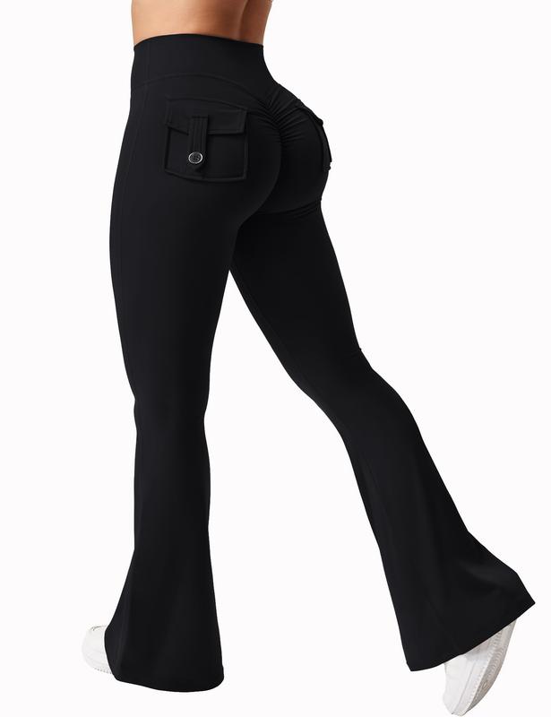 Women's High Waist Ruched Flare Leg Sports Groove Leggings, Solid Color Bell Bottom Trousers, High Stretch Seamless Flared Yoga Leggings, Ladies Sportswear Clothing for Gym Training Running Yoga, Back To School Outfits, Summer Outfits 2024, Gym Outfits