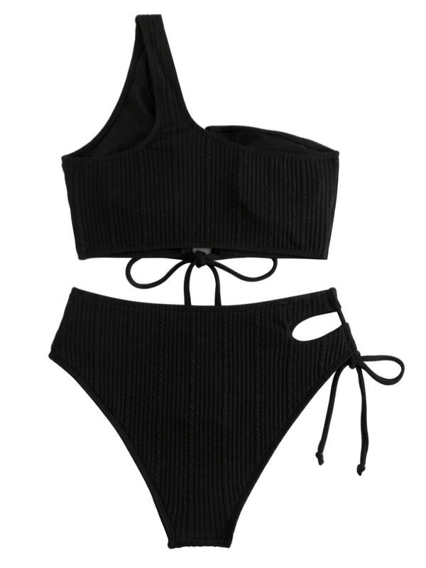 Two-Piece Set Women's Cut Out One Shoulder Bikinis Set, Solid Tie Front Asymmetrical Neck Swim Top & High Cut Tie Bottom, Bikini Sets, Back to School Outfits, Summer Swimsuit for Beach Holiday