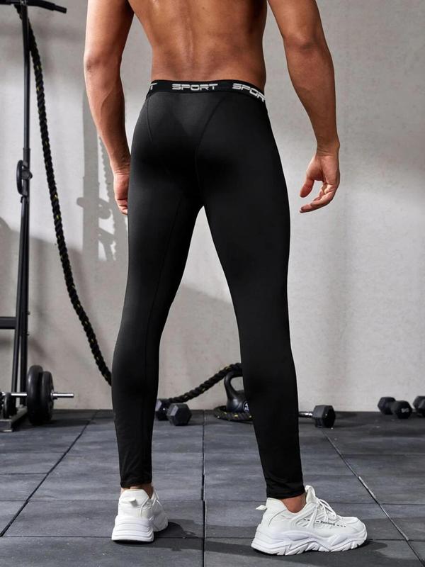 Men's Solid Letter Tape Sports Leggings, Quick Drying Breathable Compression Skinny Pants, Men's Sportswear Clothing for Indoor Outdoor Wear