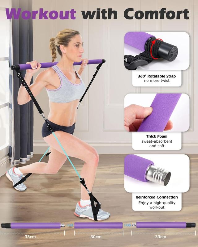 Pilates Bar Kit with Resistance Bands, 3-Section Pilates Bar with Adjustable Strap, Door Anchor, Handles and Foot Strap exercise equipment push-up board fitness enthusiast