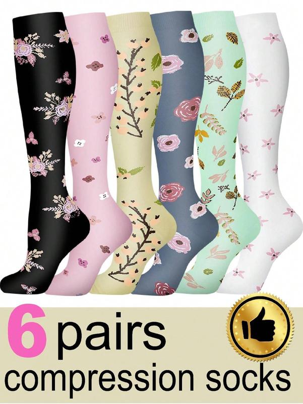 6 Pairs Compression Socks For Women, Floral Pattern Scocks Breathable High Tube Socks For Running Fitness Skipping Cycling Athletic Compression Socks knee socks ladies socks socks for