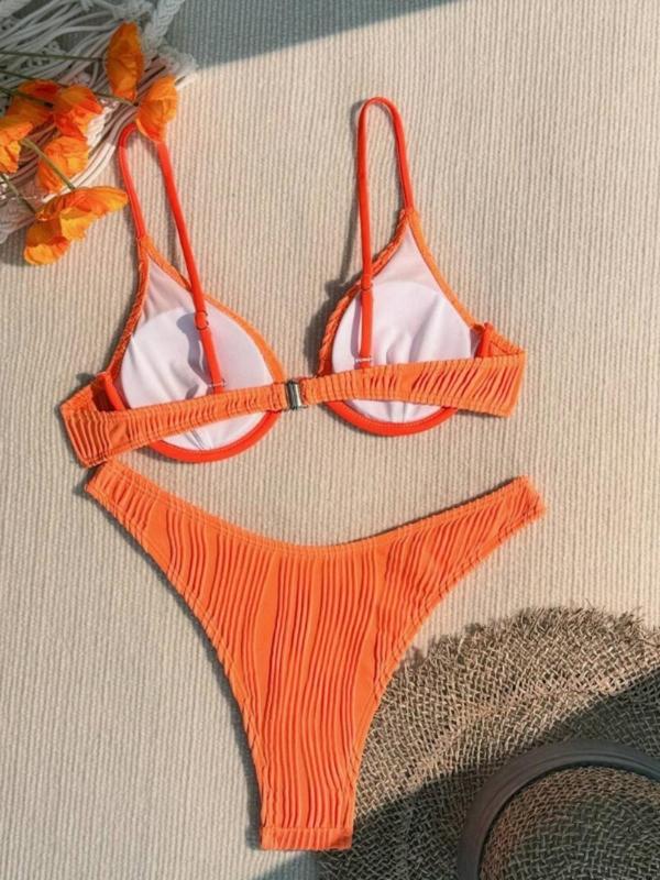 Two-Piece Set Women's Solid Textured Bikini Set, Casual Wireless Swim Bra & High Cut Swim Panty Set, Two-piece Swimsuit for Summer Beach Holiday Vacation