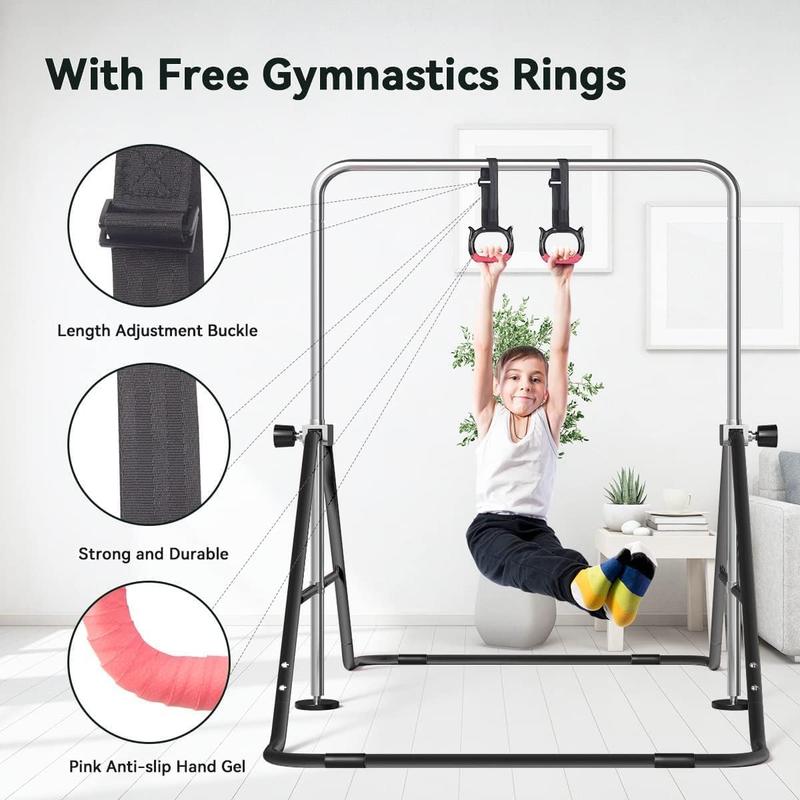 FBSPORT Gymnastics Bar for Kids with Rings，Adjustable Height Gymnastic Horizontal Bars,Junior Training Bar Children Folding Training Monkey Bars for Home Using