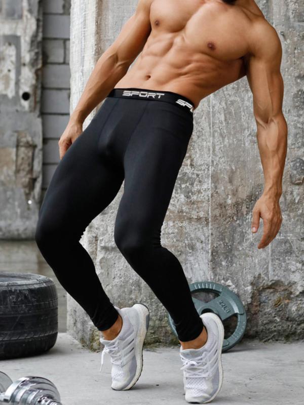 Men's Solid Letter Tape Sports Leggings, Quick Drying Breathable Compression Skinny Pants, Men's Sportswear Clothing for Indoor Outdoor Wear