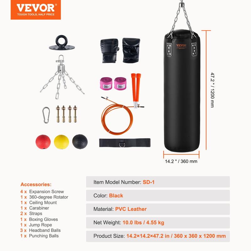 VEVOR Punching Bag for Adults, 4ft PVC Heavy Boxing Bag Set, Punching Bag with Chains and Gloves, Hanging Boxing Bag for MMA Karate Judo, Muay Thai Kickboxing Boxing, Home Gym Training, (Unfilled)