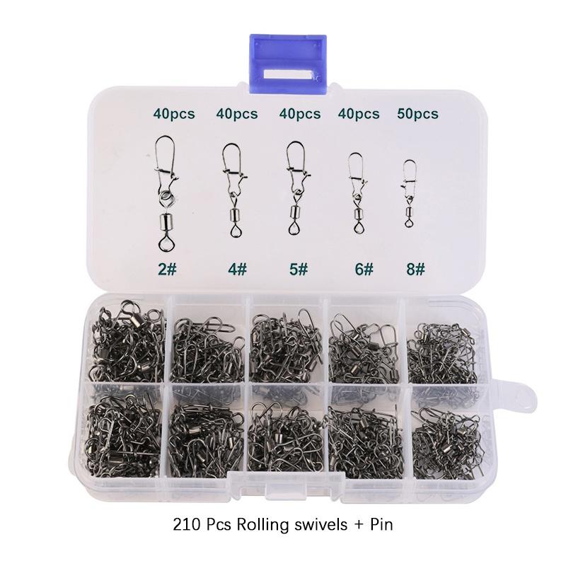 210pcs box Fishing Swivel with Nice Snaps Rolling Barrel High Strength Copper and Stainless Steel Fishing Line Connector Fishing Tackle Kit