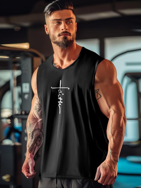 Men's Letter Print Round Neck Sports Vest, Fall Outfits, Fallfreshness Quick Drying Breathable Crew Neck Sleeveless Tank Top for Gym Workout Running, Casual Sportswear for Men