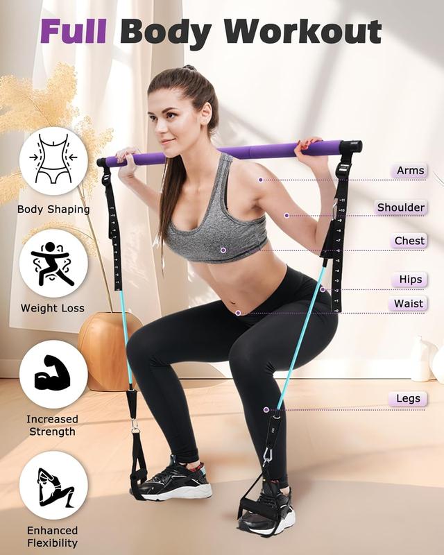 Pilates Bar Kit with Resistance Bands, 3-Section Pilates Bar with Adjustable Strap, Door Anchor, Handles and Foot Strap exercise equipment push-up board fitness enthusiast