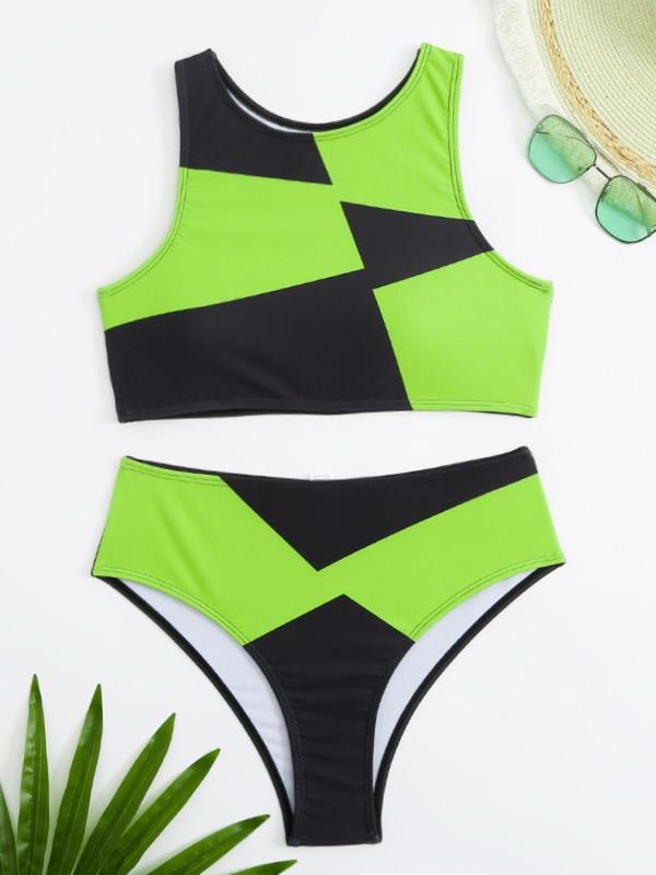 Women's Colorblock Print Tankini, Chic Sleeveless Round Neck Swim Top & High Cut Swim Bottom,  Swimsuit for Women, Bathing Suits for Women, Tummy Control Swimwear for Summer, Tummy Flattering Tankinis Set