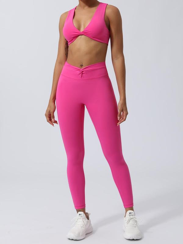 Women's Solid Twist Crop Sports Bra & High Waist Leggings Set, Sporty Casual Breathable Comfortable Two-piece Outfits for Yoga Gym Workout Running, Ladies Sportswear for All Seasons